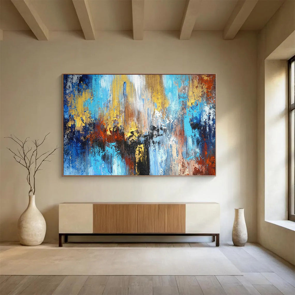 “Blue - Gold Urban Impasto” - Blues, golds, reds; vibrant, textured cityscape abstraction CT1606