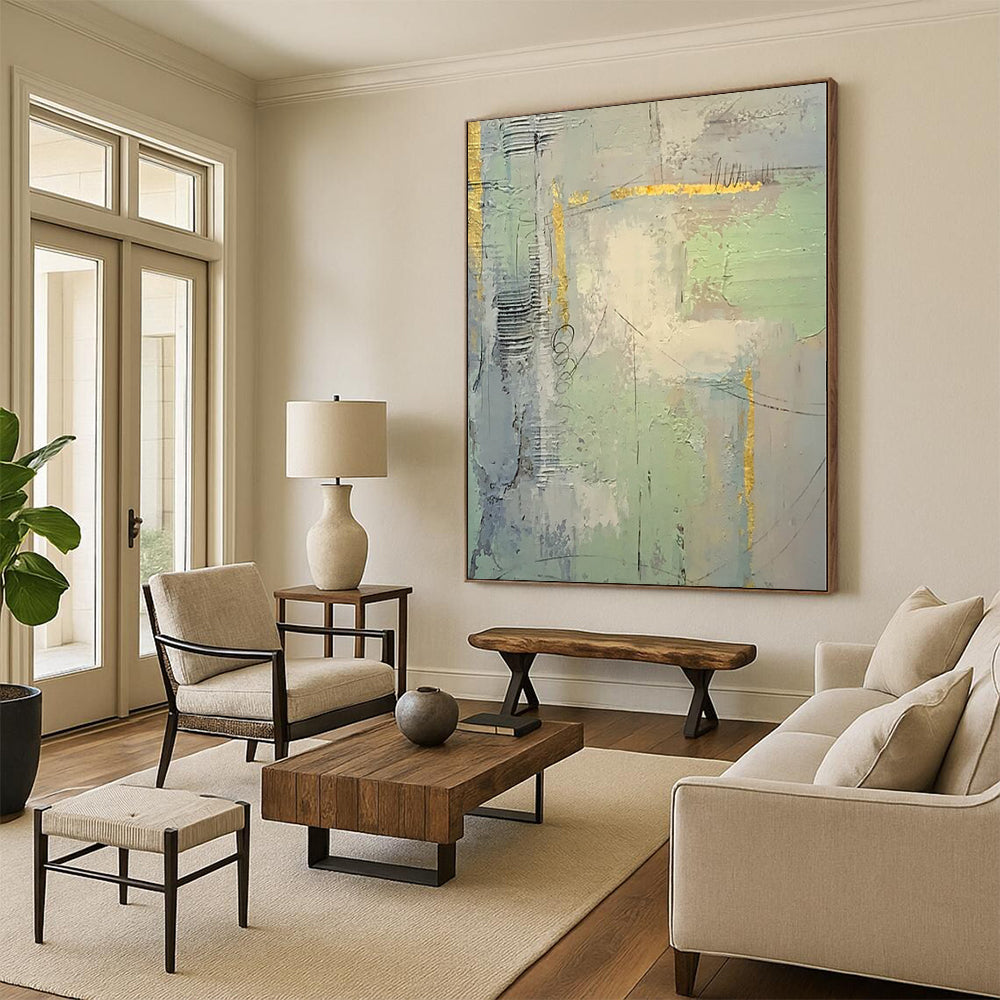 “Grey - Green Abstract with Gold Details”,Textured Abstract Painting CT0374