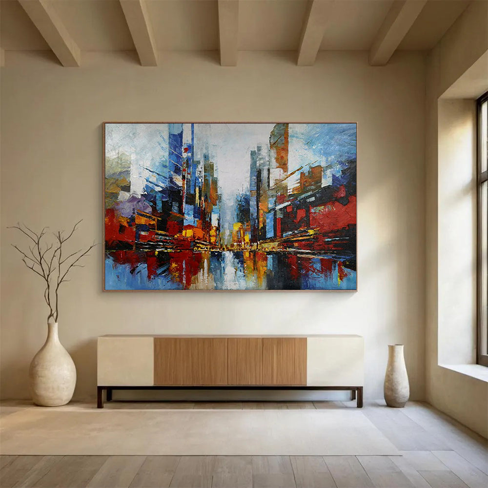 Colorful abstract cityscape with tall buildings and reflections CT1673