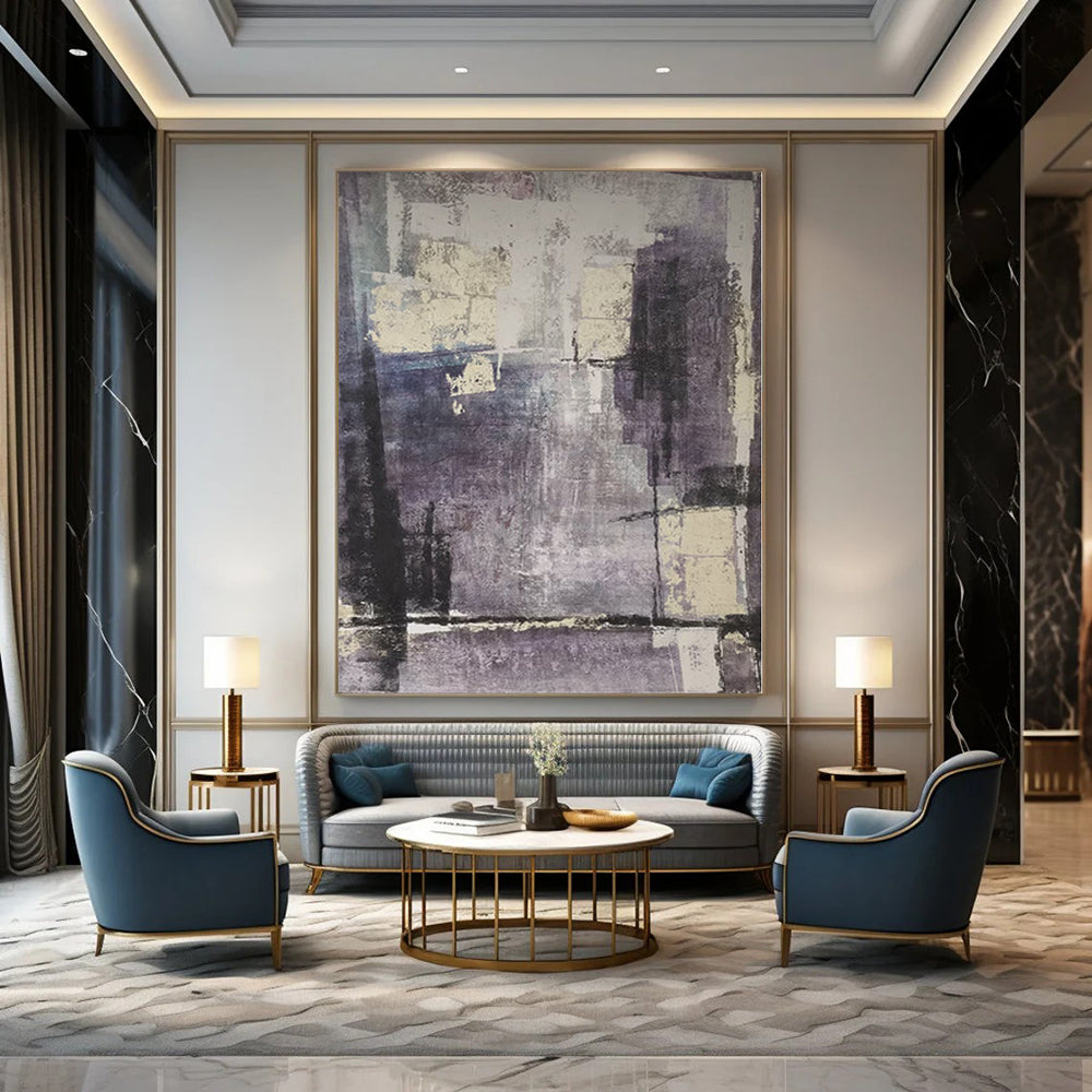 “Muted Purple Geometry” - Abstract Painting with Purple, Gray, White CT0106