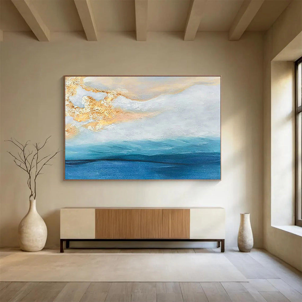 “Coastal Gleam” - Blues, whites, gold; fluid, seascape - inspired abstract forms CT1521