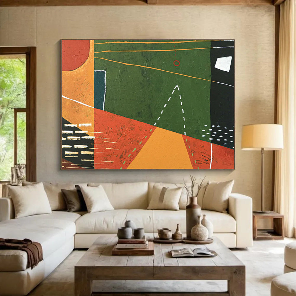 “Geometric Play in Green, Orange, and Black” - Modernist Acrylic Composition CT1808