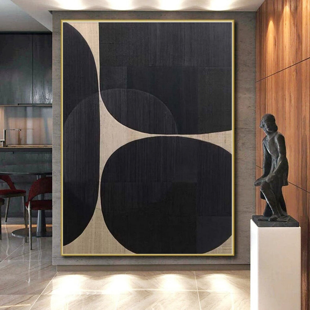 “Black and Beige Geometric Forms”,Abstract Minimalist Acrylic Art CT0581