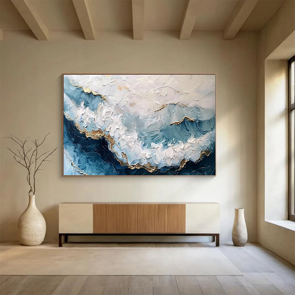 “Textured Ocean Gold” - Blues, whites, golds; thick, impasto ocean waves with metallic accents CT1604