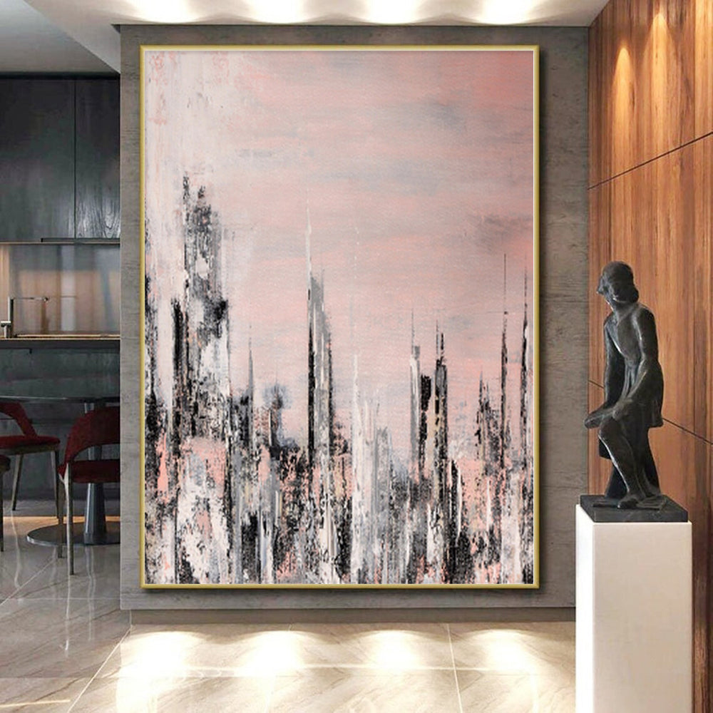 “Blush Cityscape” - Abstract Art with Pink, Gray, White, Black CT0061