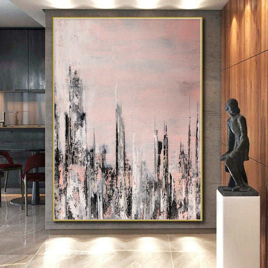 “Blush Cityscape” - Abstract Art with Pink, Gray, White, Black CT0061
