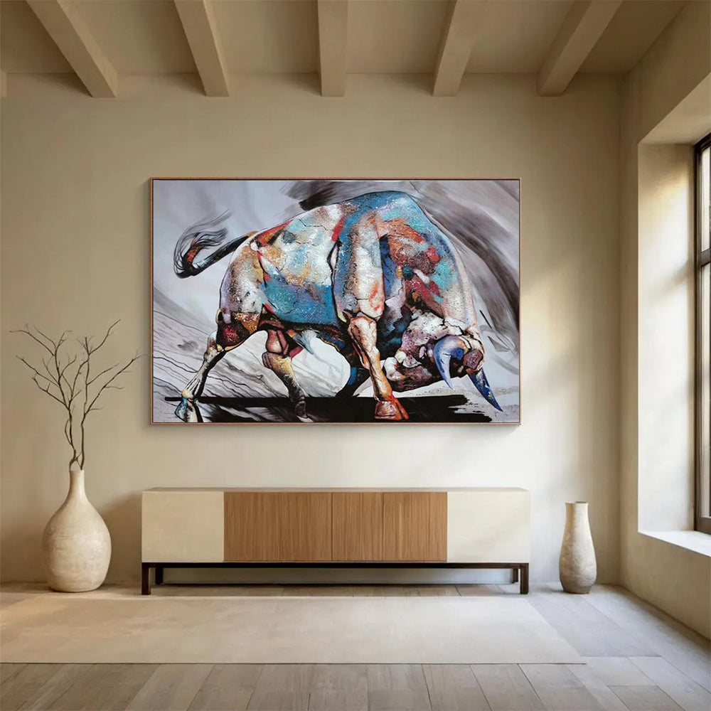 “Vibrant Bull of Colors” – Expressionistic Animal Oil Painting CT1747