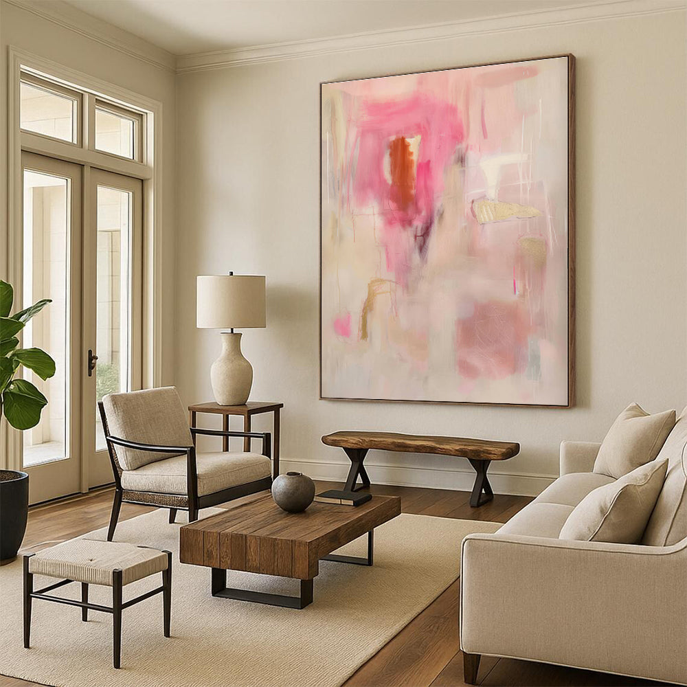 “Pink - Beige Abstract with Gold Accents” - Abstract Expressionist Art CT0441