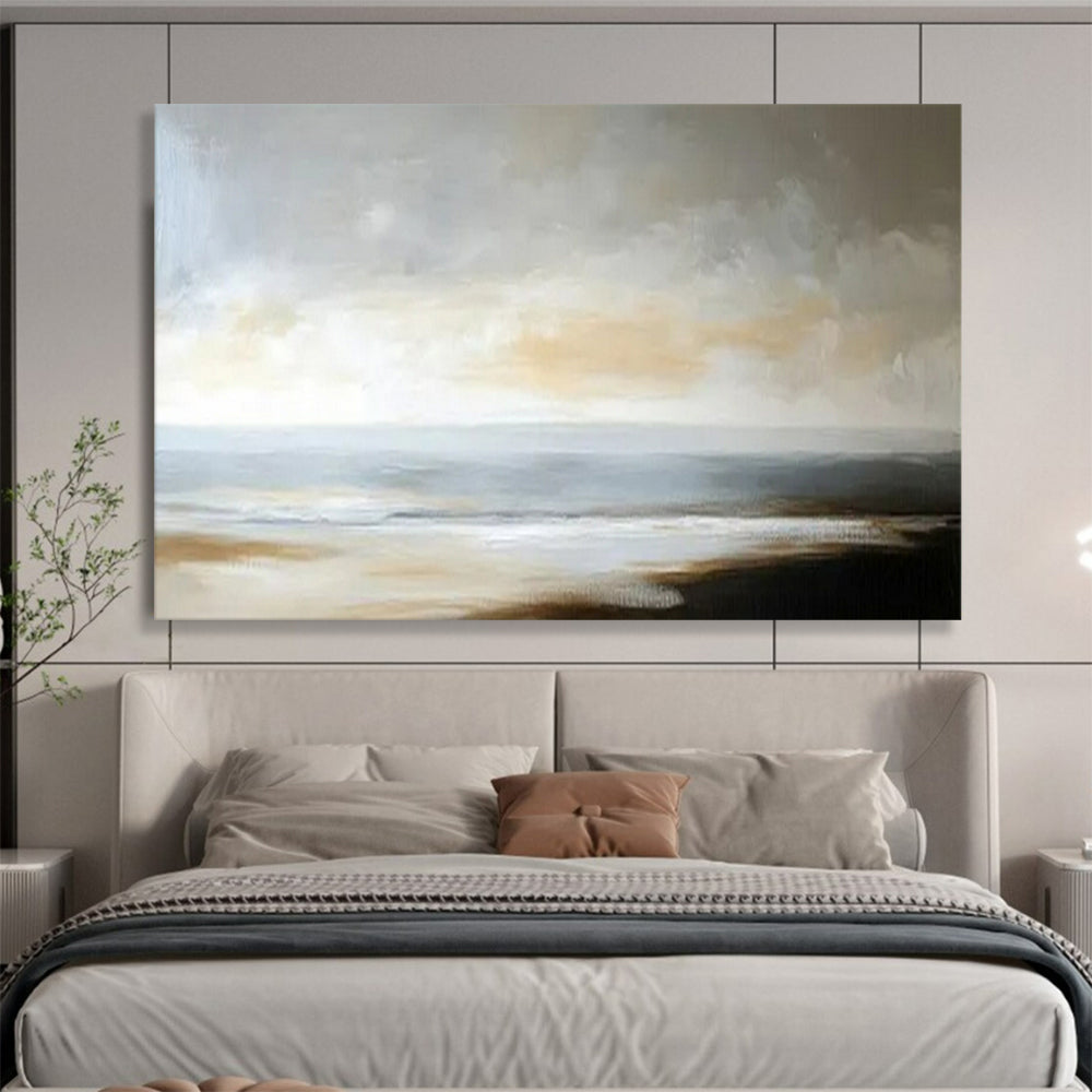 “Muted Coastal Calm” – Grays, beiges, soft blues painting a serene, minimalist seascape CT1701