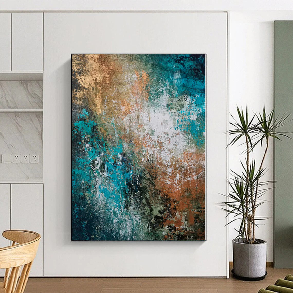 “Teal Copper Cascade” - Abstract Art with Teal, Copper, White Textures CT0019