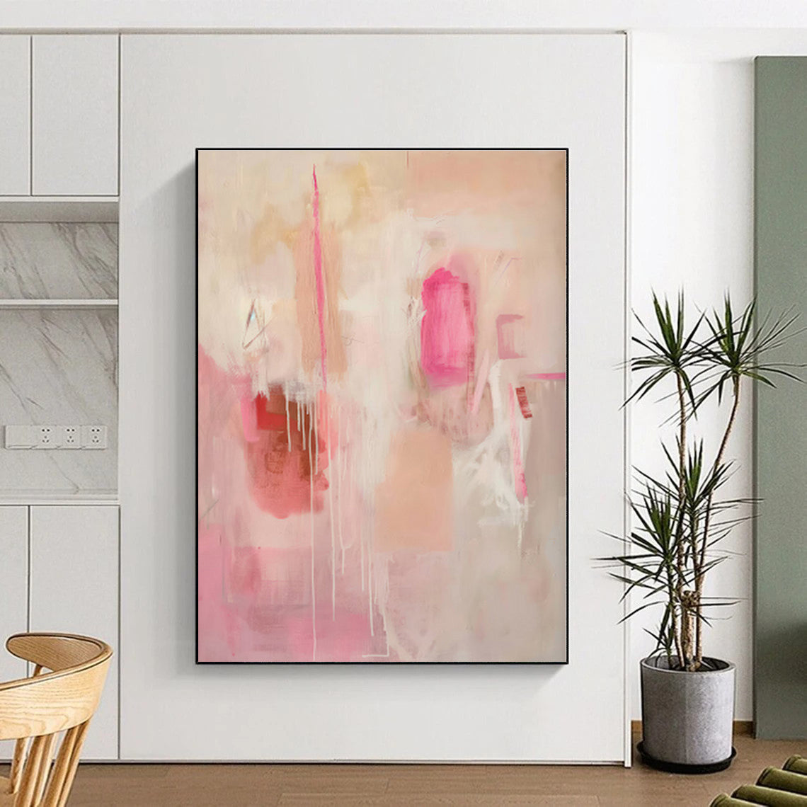 “Pink - Beige Abstract Drizzle” - Abstract Expressionist Art CT0440