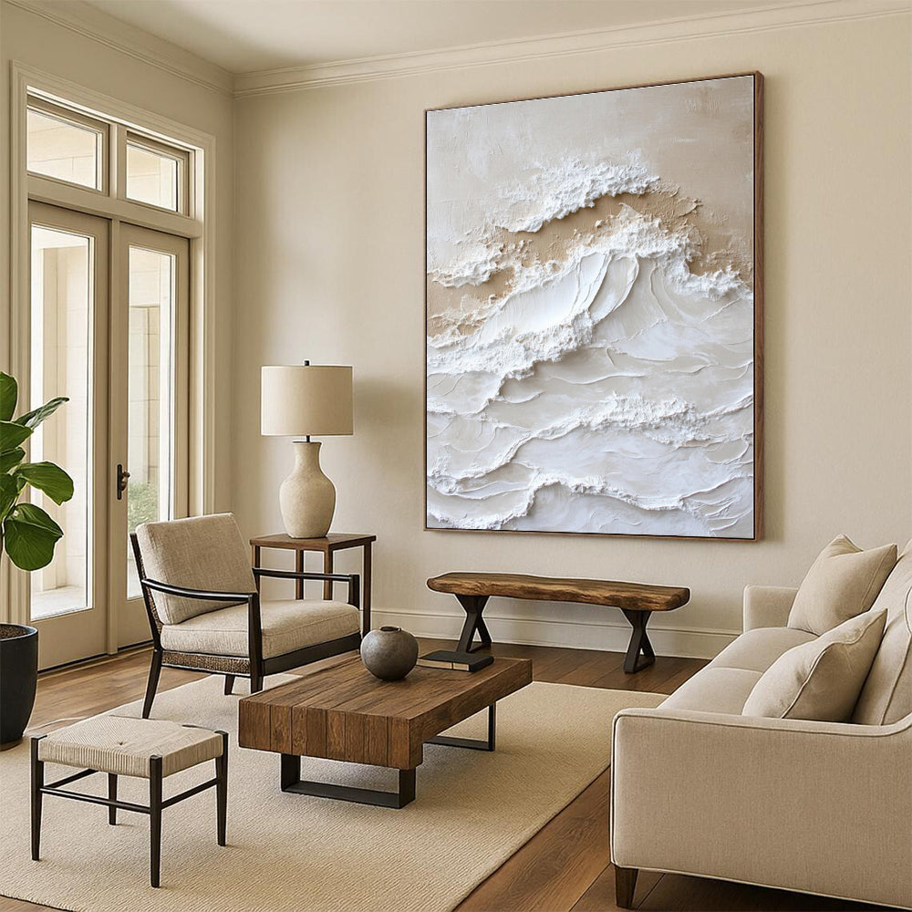 “Textured Beige - White Waves” - Abstract Coastal Art CT0444
