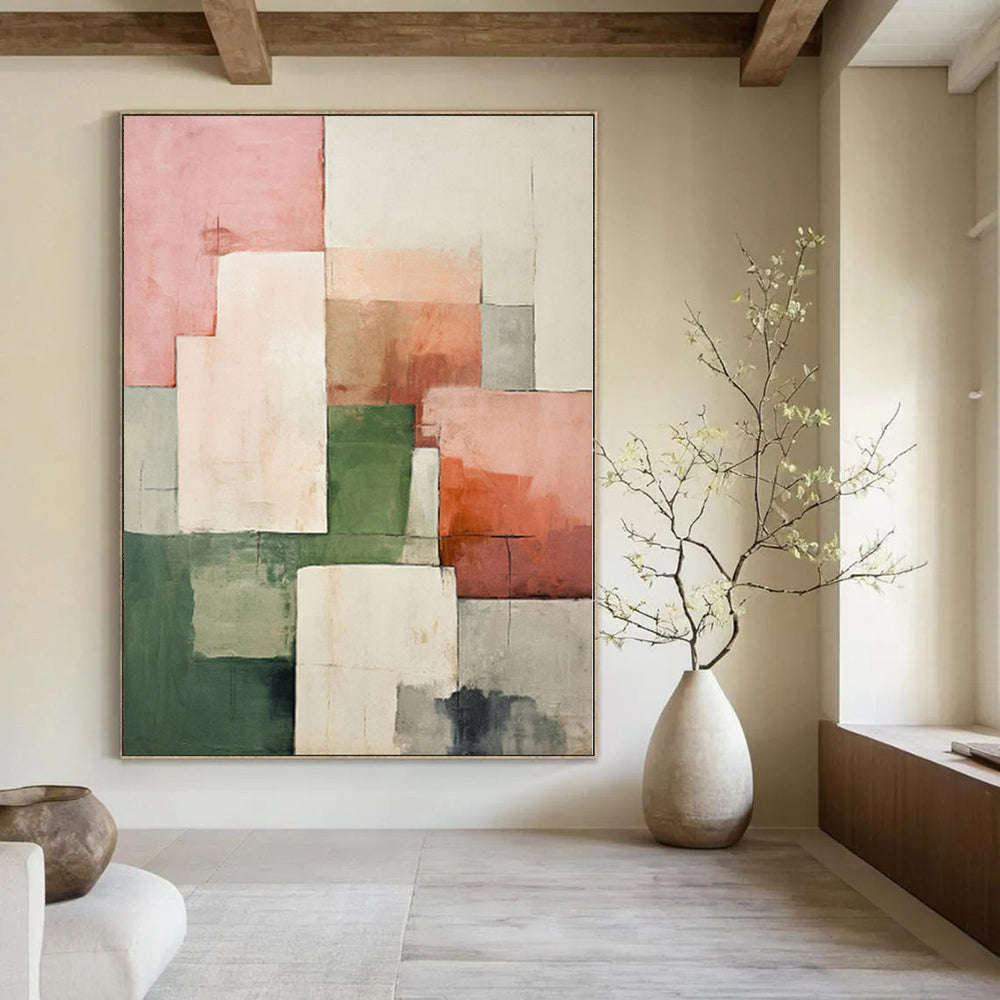 “Pink - Green - Gray Geometric Blocks” Modernist Acrylic Art CT0191