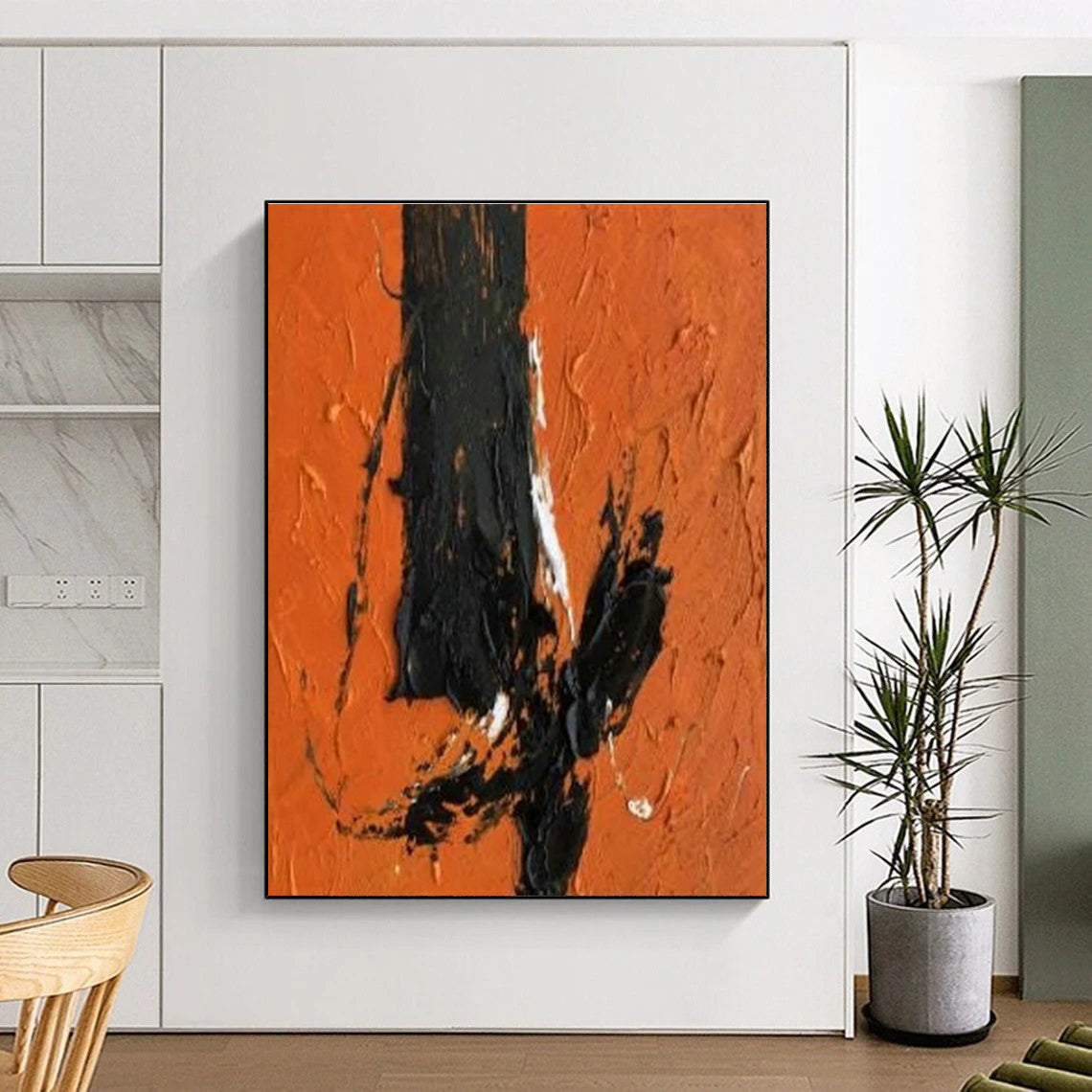 “Black - White - Orange Textured Strokes”,Abstract Expressionist Art CT0604