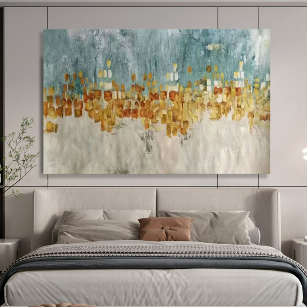 “Blue - Gold Urban Impression” - Blue, gray, gold, orange; blocky urban skyline CT1592
