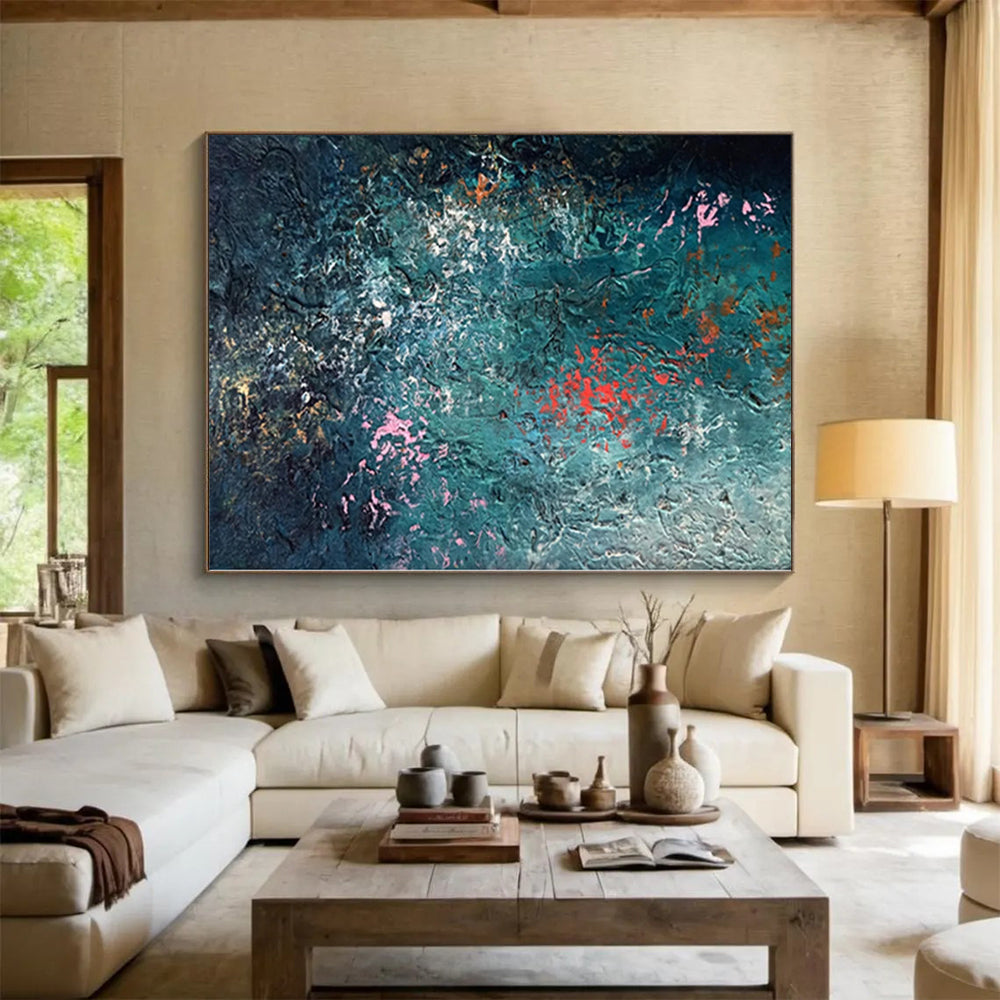 “Deep Sea Sparkle” - Abstract Painting with Teal Background, Pink and Orange Flecks CT0002