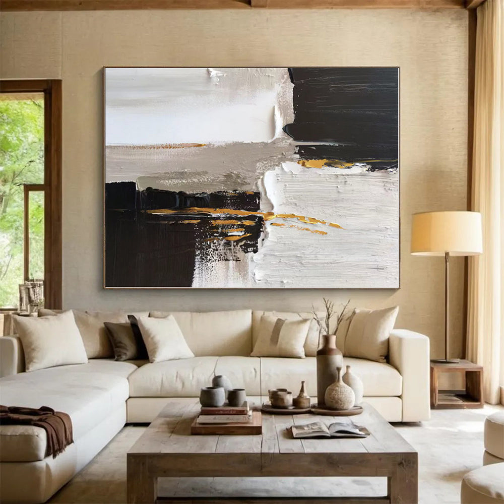 “Black - White - Gold Textured Abstraction” - Abstract Expressionist Art CT0497