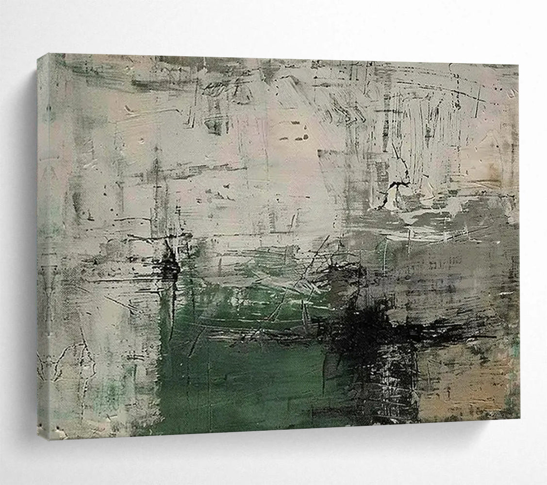 “Muted Chaos” - Gray, white, green; rough, overlapping brushstrokes CT1577