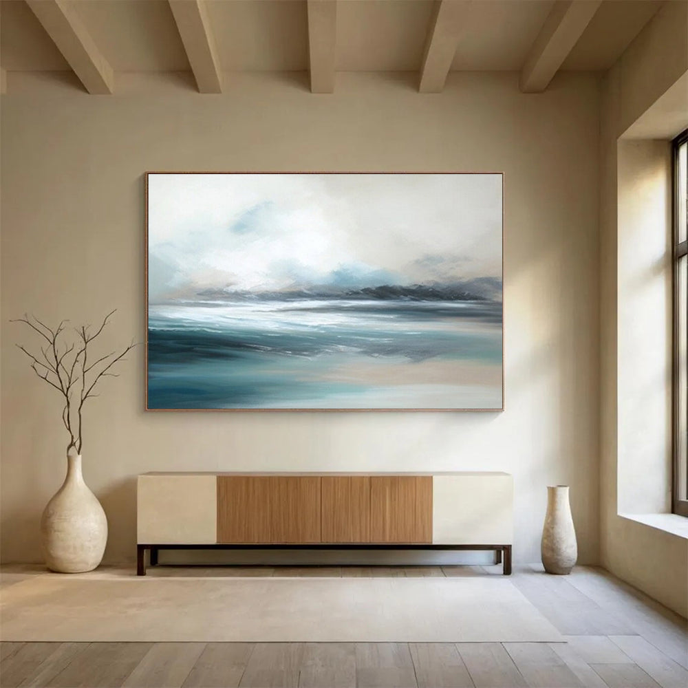 “Soft - Toned Seaside” - A hazy seascape in light blue, white, and gray CT1638
