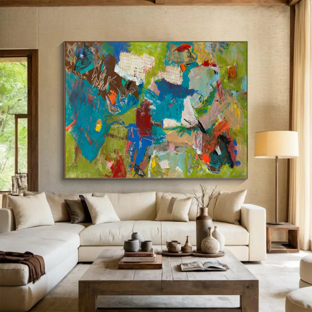Colorful, dynamic abstract figures on a green backdrop CT1677