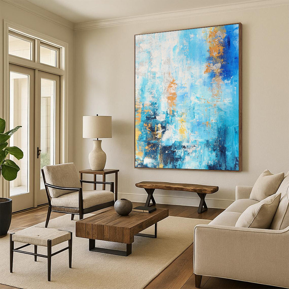 “Azure Gold Streaks” - Abstract Art with Blue, White, Gold Accents CT0015