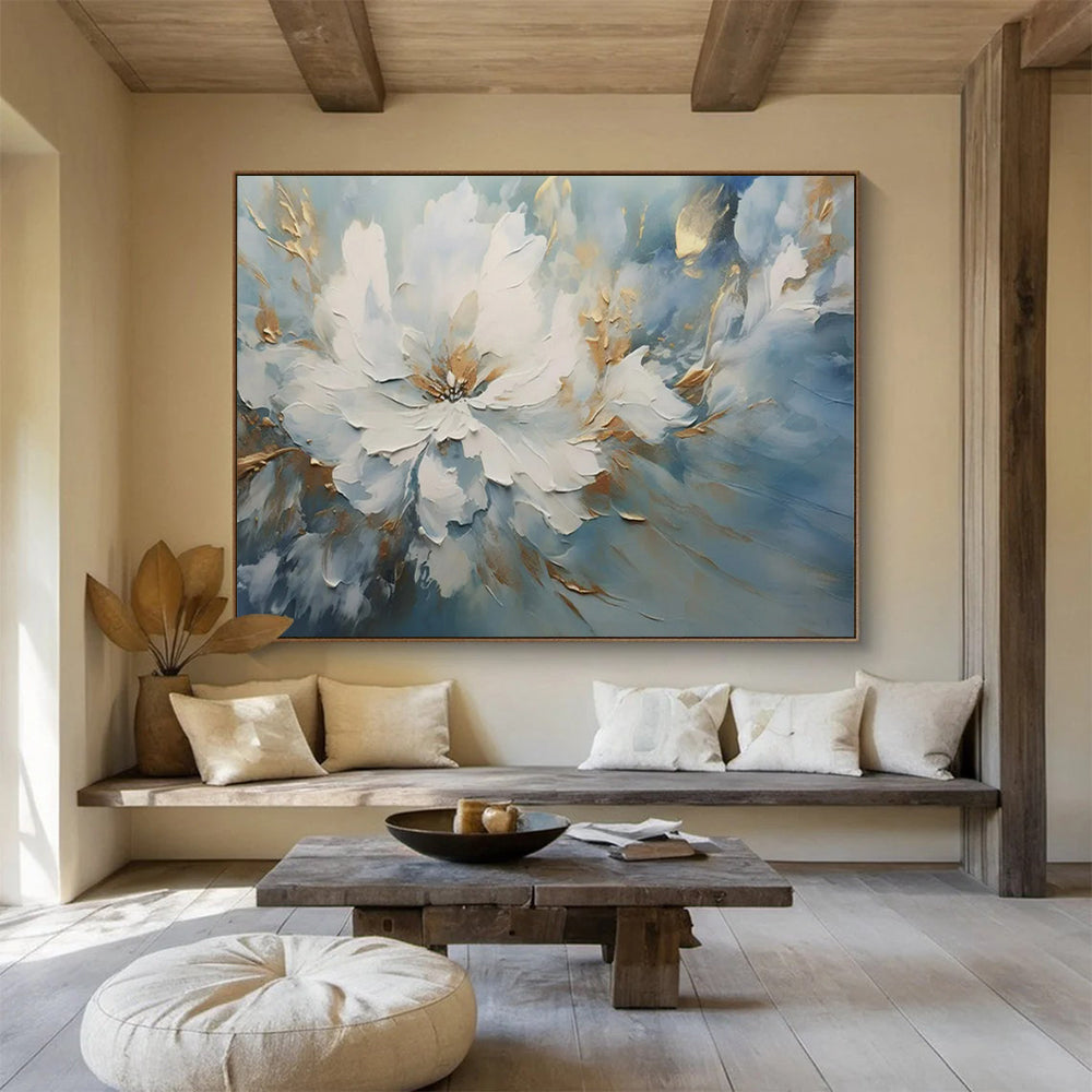 “White Flower with Gold Accents” – Impasto Floral Oil Painting CT1756