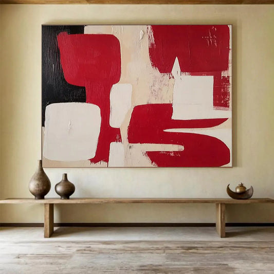 Red, Black, and White Geometric Forms - Minimalist Acrylic Art CT1802