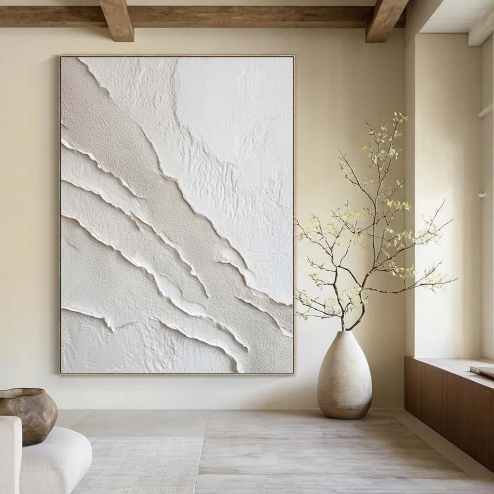 “White and Beige Textured Streaks” Plaster - Effect Acrylic Art CT0172