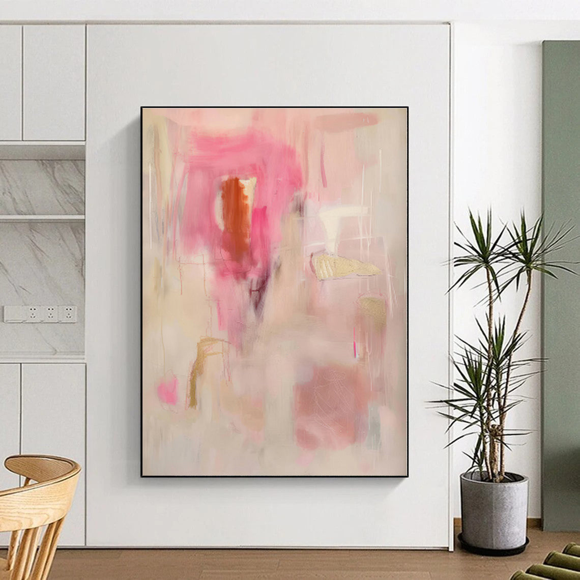“Pink - Beige Abstract with Gold Accents” - Abstract Expressionist Art CT0441