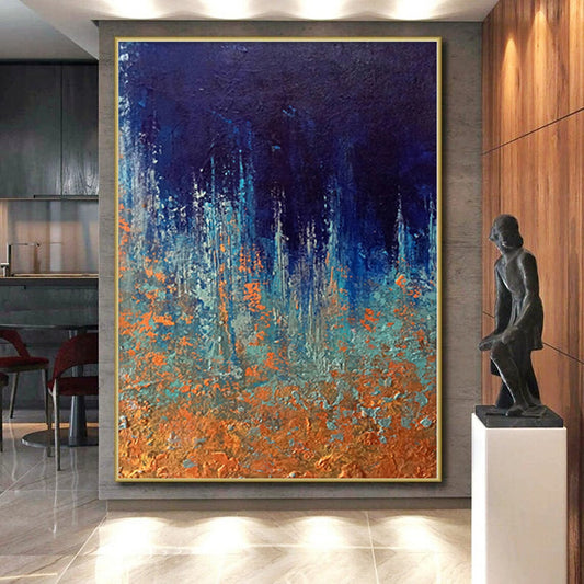“Midnight Forest Sparkle” - Abstract Acrylic with Dark Blue, Teal, Orange CT0054