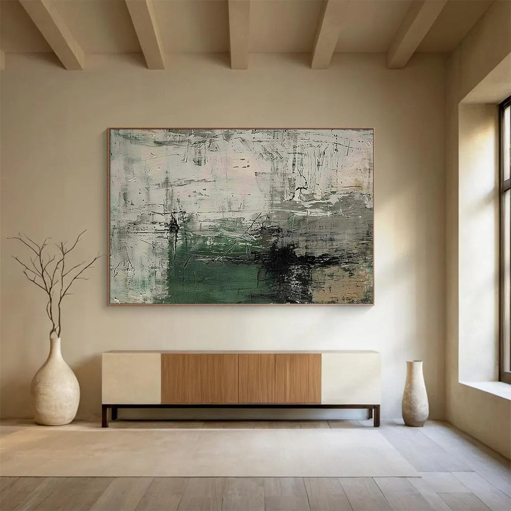“Muted Chaos” - Gray, white, green; rough, overlapping brushstrokes CT1577