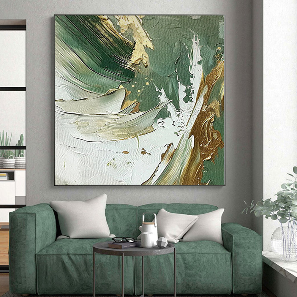 “Emerald & Gold Fusion” - Abstract Art with Green, Gold, White CT0088