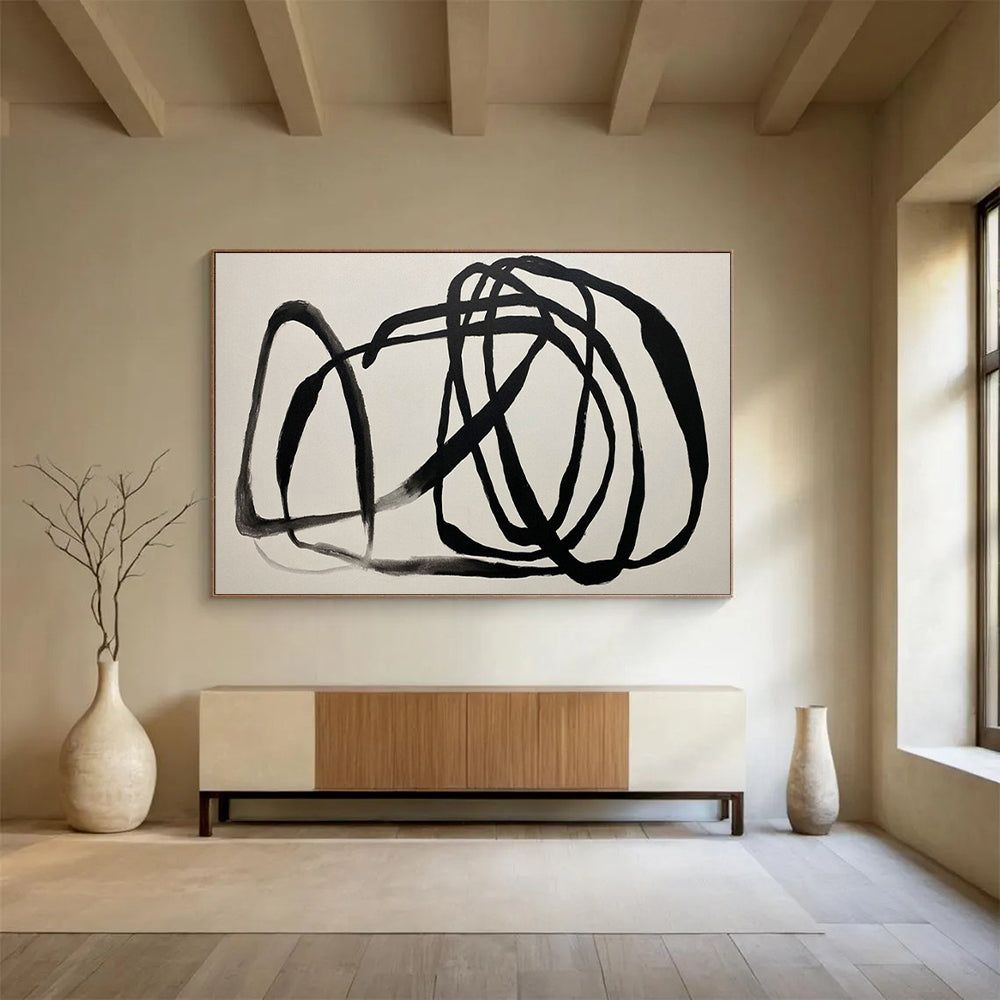 “Hand - painted Black Scribble” - Expressive black lines on white CT1650