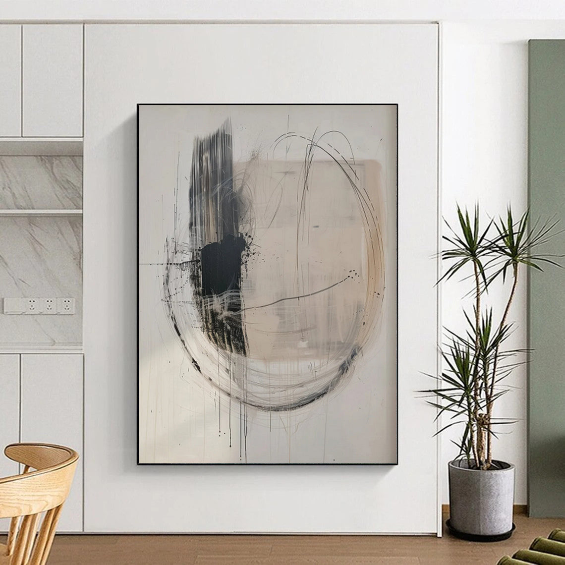 “Beige - Black Dynamic Circles” Abstract Acrylic Art CT0273