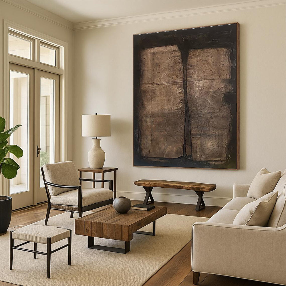 “Textured Brown Diptych”,Abstract Minimalist Mixed - Media Work CT0548