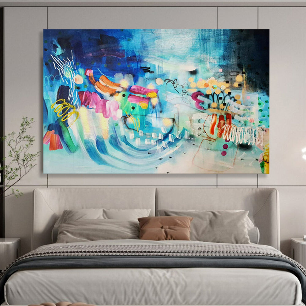 “Vibrant Vortex” - Blues, pinks, oranges; dynamic, swirling abstract elements CT1503