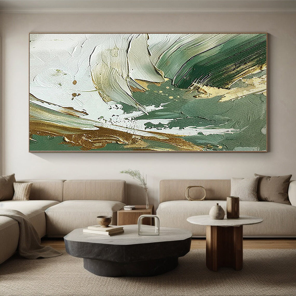 “Emerald & Gold Fusion” - Abstract Art with Green, Gold, White CT0088