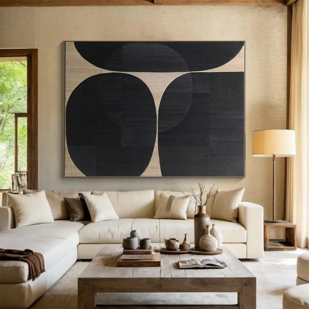“Black Circles & Beige - Gold Weave”,Hard - Edge Abstract Art CT0595