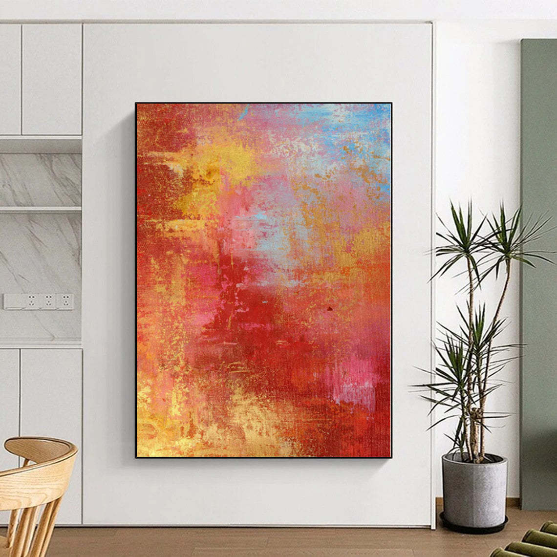 “Crimson Gold Fiesta” - Abstract Art with Red, Gold, Yellow, Blue CT0022