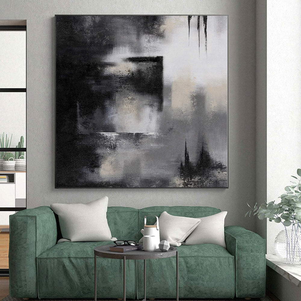 “Monochrome Mystery” - Abstract Painting with Black, White, Gray CT0076