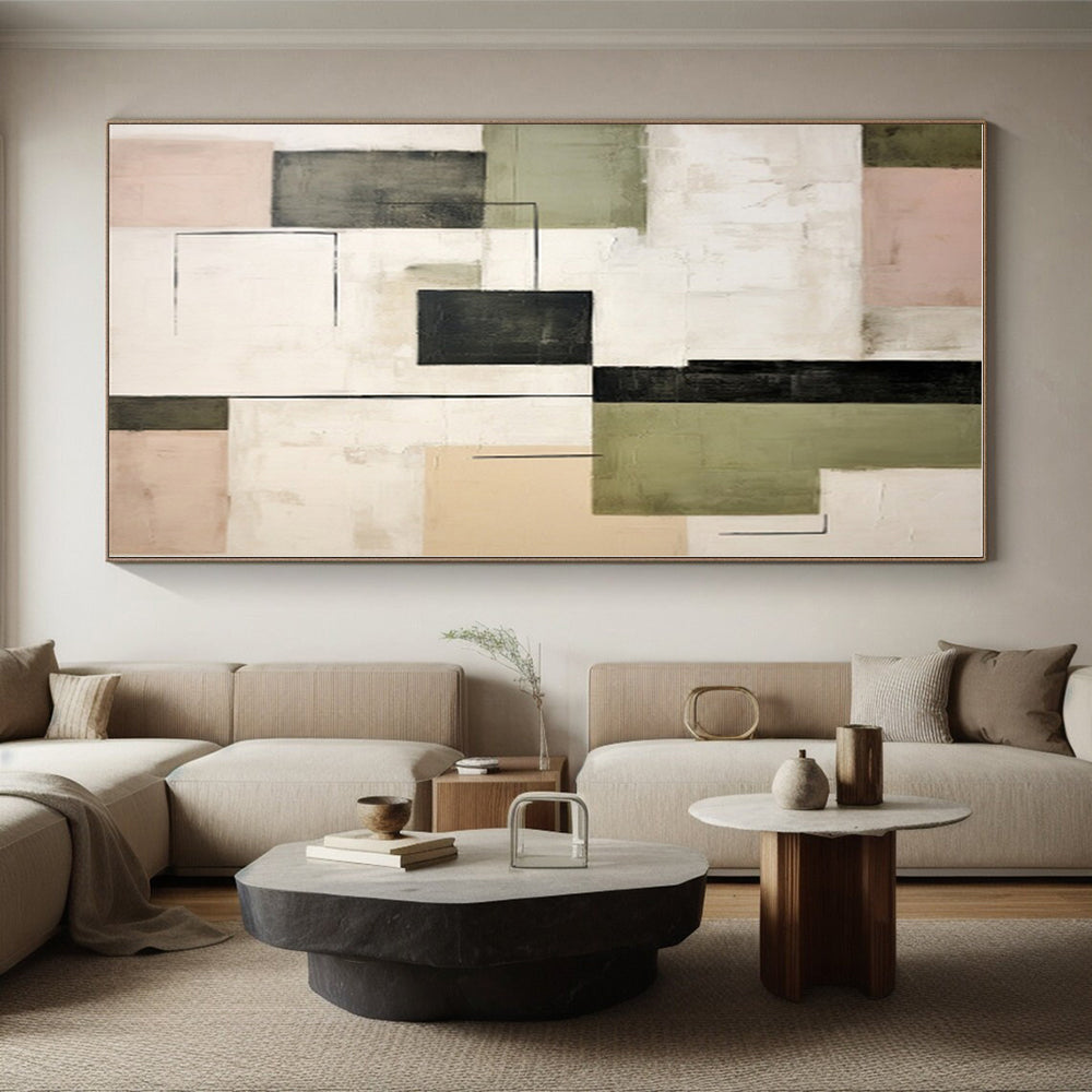 “Geometric Mix of Green, Black & Pastels” - Abstract Modernist Painting CT0397