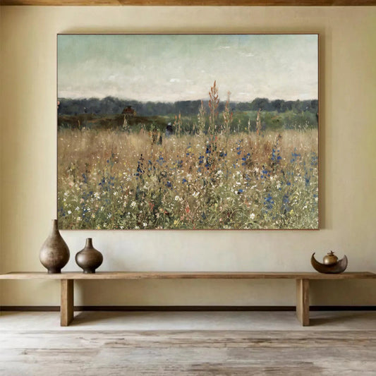 “Meadow Reverie” - Soft greens, yellows, blues; tranquil field with wildflowers, distant cottage CT1486
