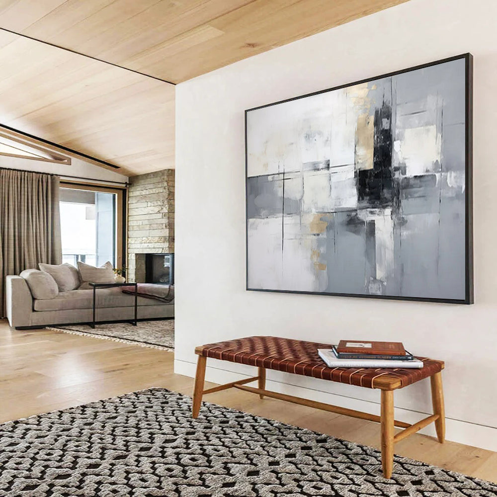 “Gray - Gold Grid” - White, gray, gold; intersecting lines and blocks with gold accents CT1574