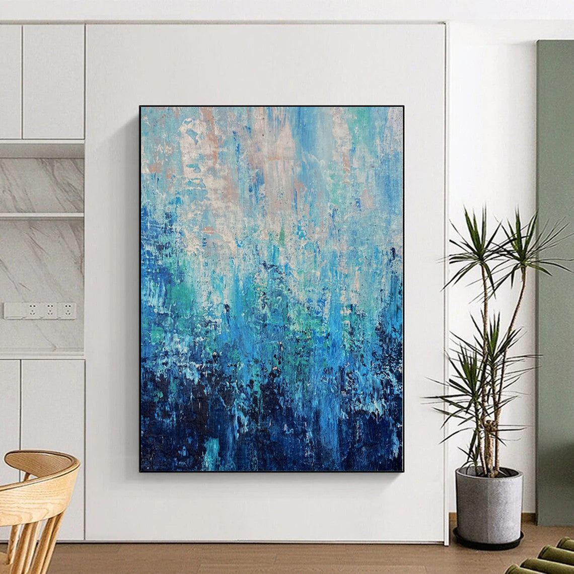 “Ocean Layers” - Abstract Art with Shades of Blue, Teal, White, Black CT0045