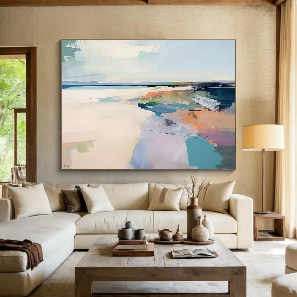 “Pastel Coastal Abstract ” - Soft blues, pinks, purples, and oranges; abstract shapes suggesting a coastal scene CT1544