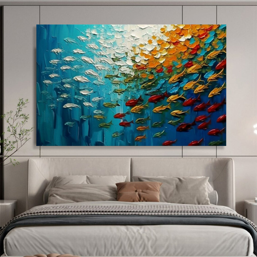 “Oceanic Symphony” – Deep blues, whites, oranges with thickly painted, swirling fish CT1689