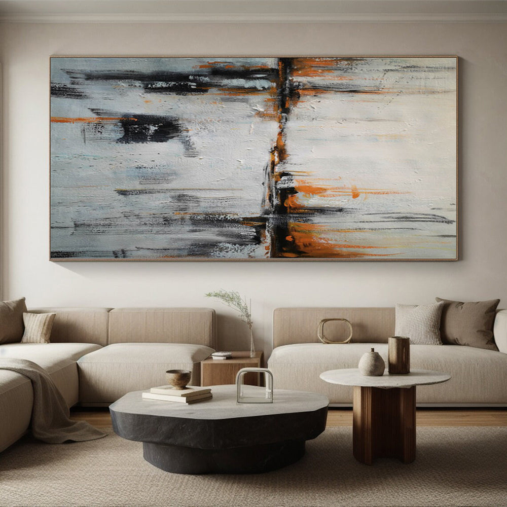 “Orange & Black Strokes on White: City Reflection” - Abstract Landscape Painting CT0384