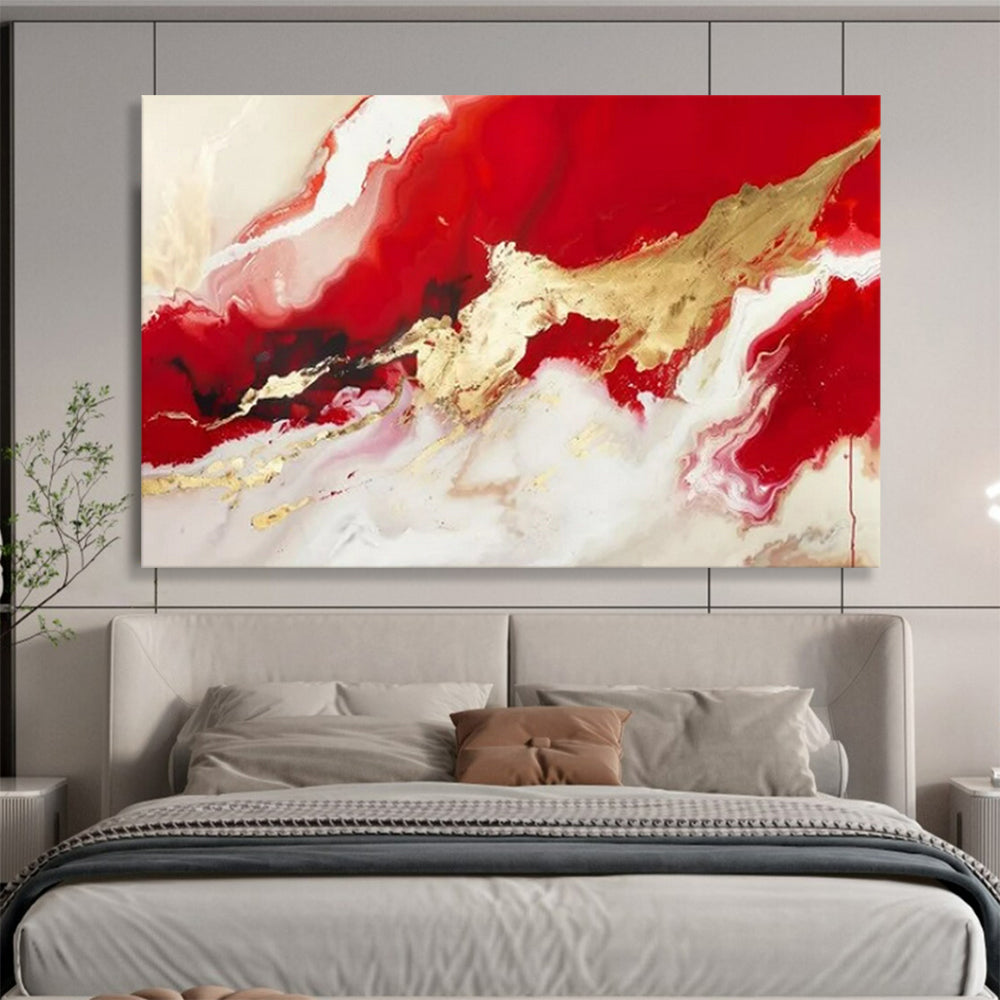 “Red - Gold Fluid Abstraction” - Reds, whites, golds; flowing, metallic - accented color waves CT1614
