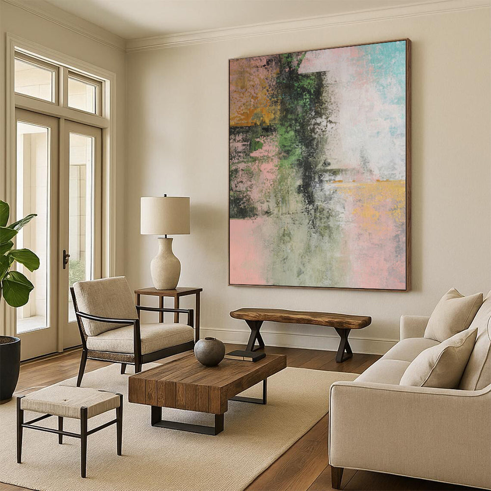 “Blush & Green Fusion” - Abstract Acrylic with Pink, Green, Yellow, Blue CT0044