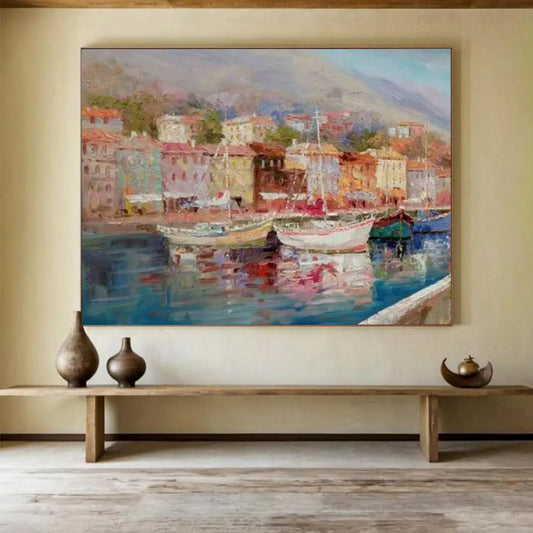 Harbor Scene with Colorful Boats and Buildings - Impressionistic Oil Painting CT1800
